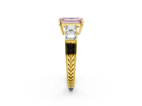 Yellow gold Fancy Pink Emerald Cut Solitaire Princess Side Stone Engraved Band Prong Setting Ring_2