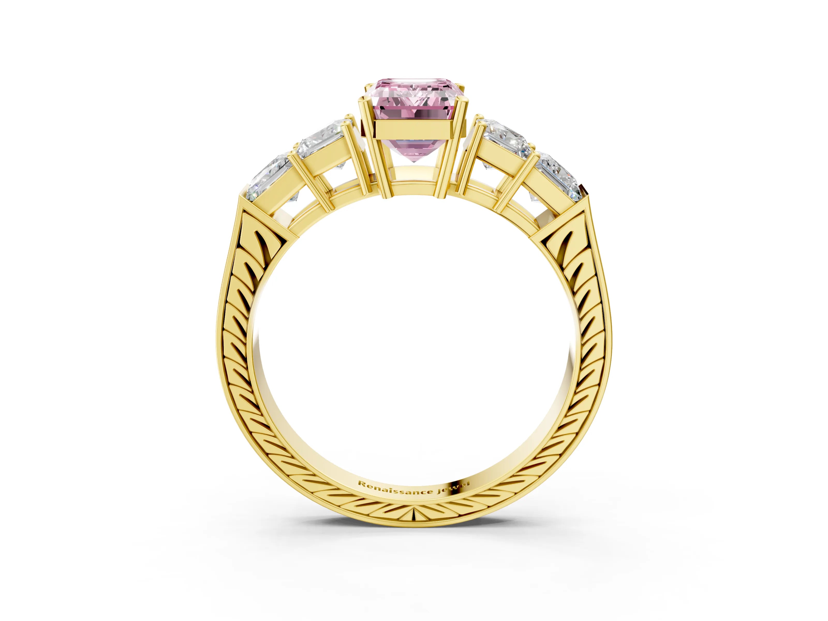 Yellow gold Fancy Pink Emerald Cut Solitaire Princess Side Stone Engraved Band Prong Setting Ring_3