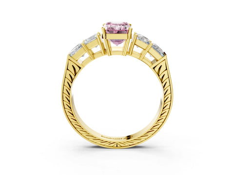Yellow gold Fancy Pink Emerald Cut Solitaire Princess Side Stone Engraved Band Prong Setting Ring_3