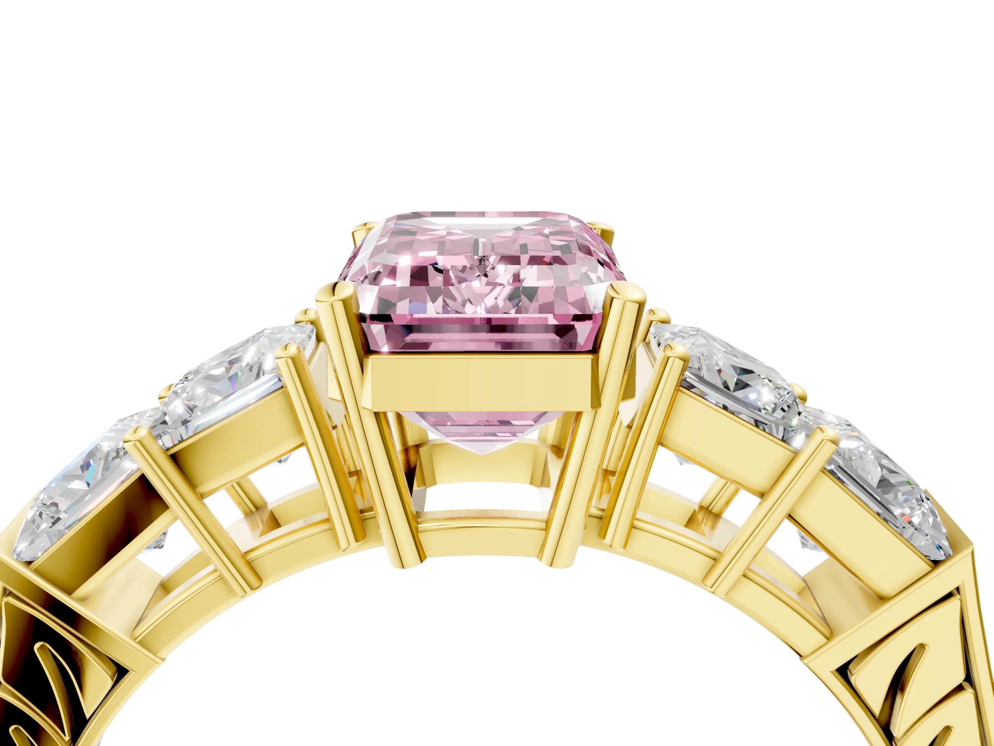 Yellow gold Fancy Pink Emerald Cut Solitaire Princess Side Stone Engraved Band Prong Setting Ring_4