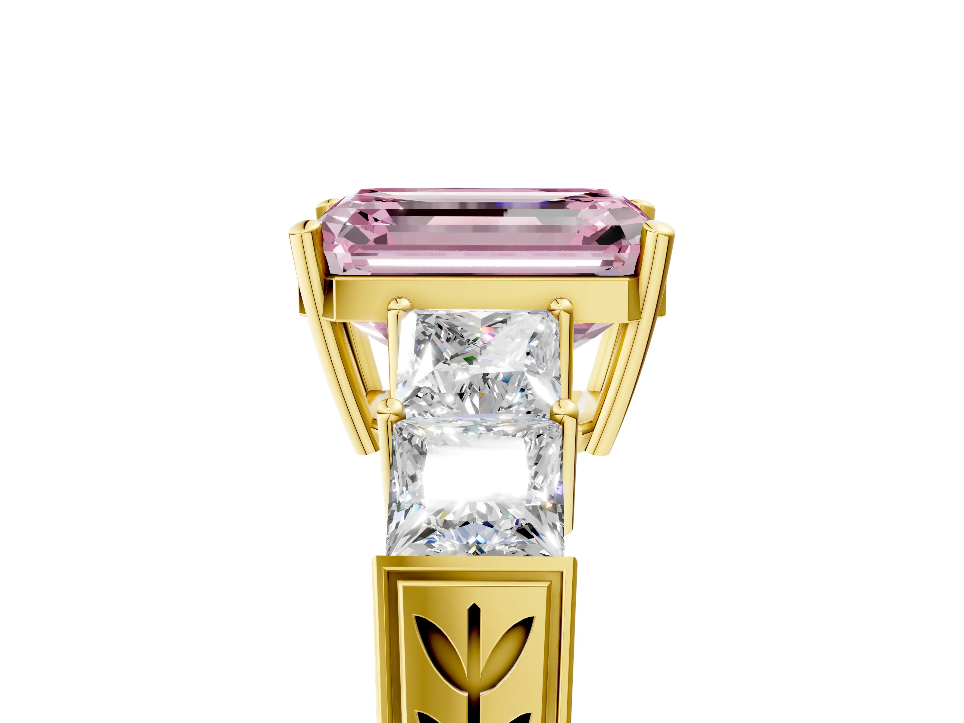 Yellow gold Fancy Pink Emerald Cut Solitaire Princess Side Stone Engraved Band Prong Setting Ring_5