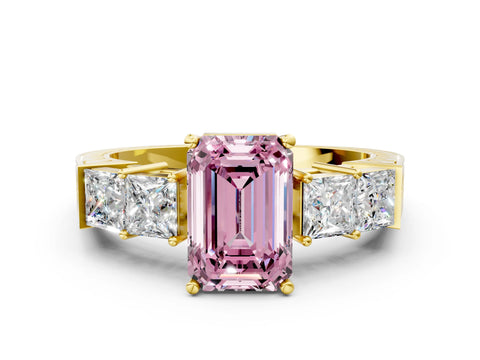 Yellow gold Fancy Pink Emerald Cut Solitaire Princess Side Stone Engraved Band Prong Setting Ring