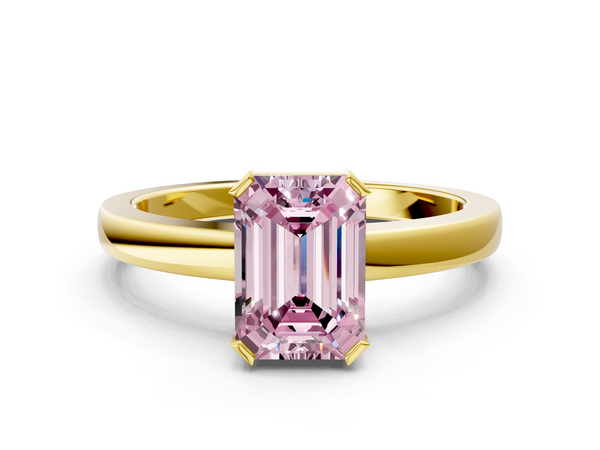 Yellow gold Fancy Pink Emerald  Cut Solitaire Ring with Four-Prong Setting and Classic Band