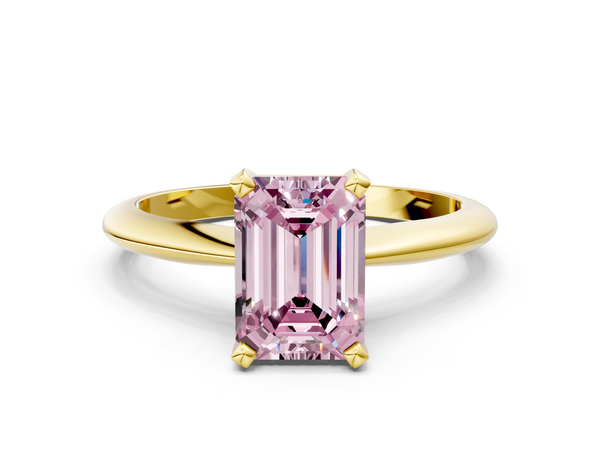 Yellow gold Fancy Pink Emerald  Cut Solitaire Ring with Four-Prong Setting on a Classic Band