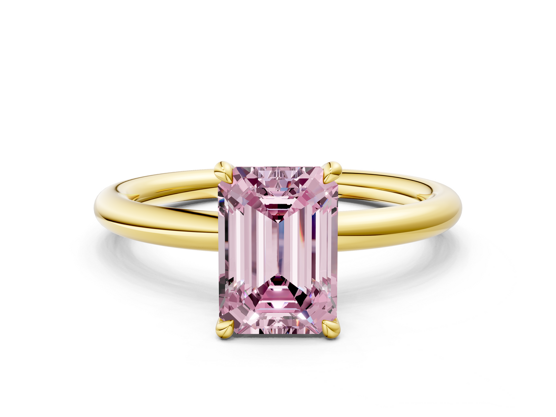 Yellow gold Fancy Pink Emerald  Cut Solitaire Ring with Thin Band and Four-Prong Setting_16