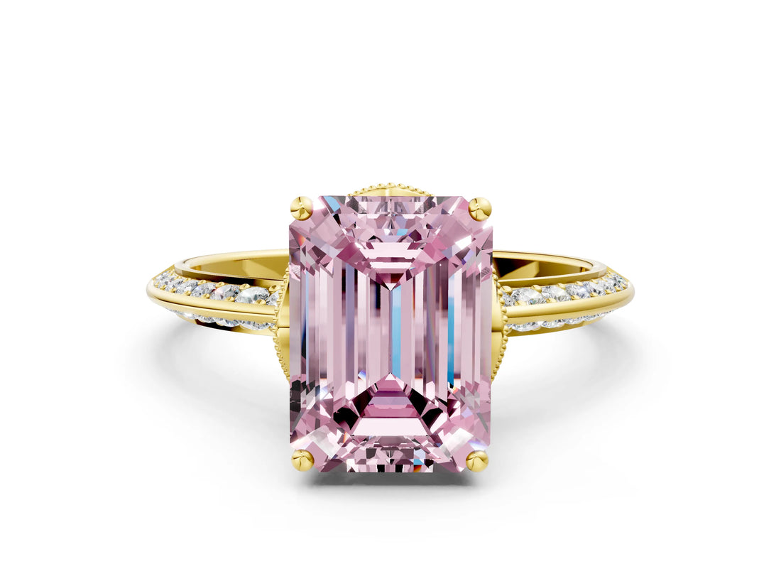 Yellow gold Fancy Pink Emerald Cut Solitaire Split Shank Pave Diamond Engagement Ring with Four-Prong Setting_36
