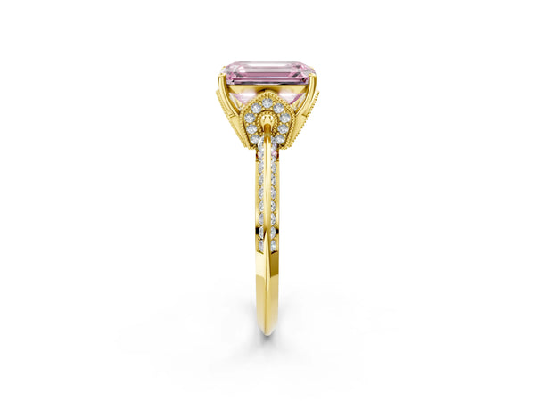 Yellow Gold Emerald Cut Graduated Pave Engagement Ring Setting for Fancy Pink Center