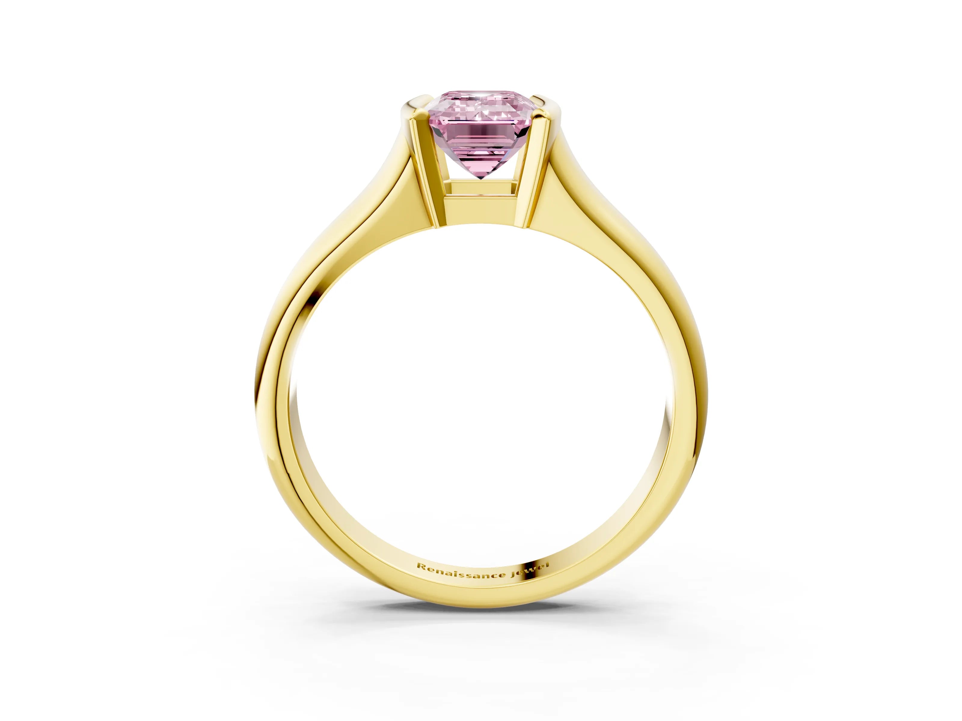 Yellow gold Fancy Pink Emerald Cut Solitaire Tension Set Diamond Ring with Split Shank Band_3