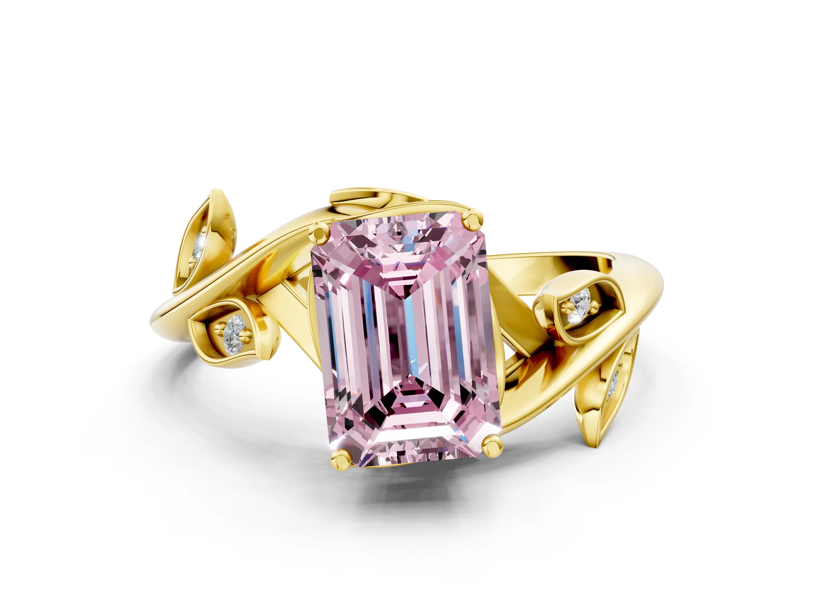 Yellow gold Fancy Pink Emerald Cut Solitaire Twist Engagement Ring with Leaf Accents and Prong Setting_12
