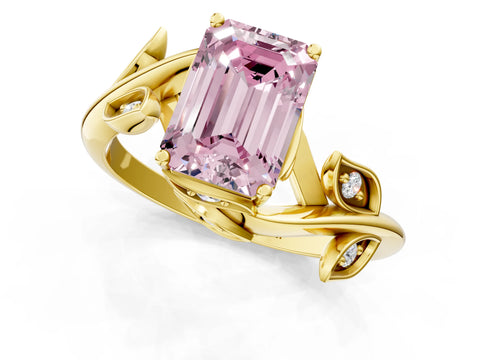 Yellow gold Fancy Pink Emerald Cut Solitaire Twist Engagement Ring with Leaf Accents and Prong Setting_13