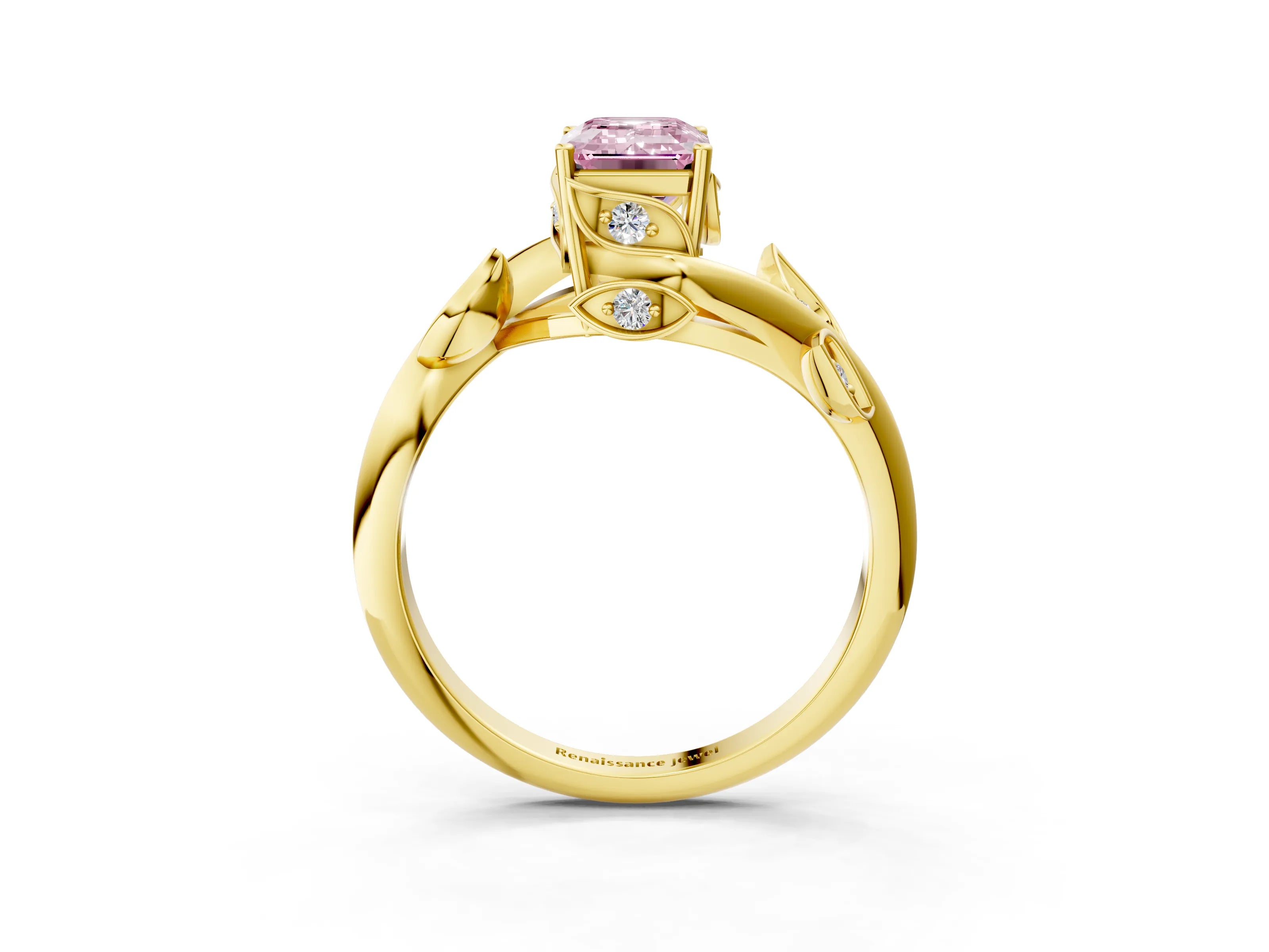 Yellow gold Fancy Pink Emerald Cut Solitaire Twist Engagement Ring with Leaf Accents and Prong Setting_15