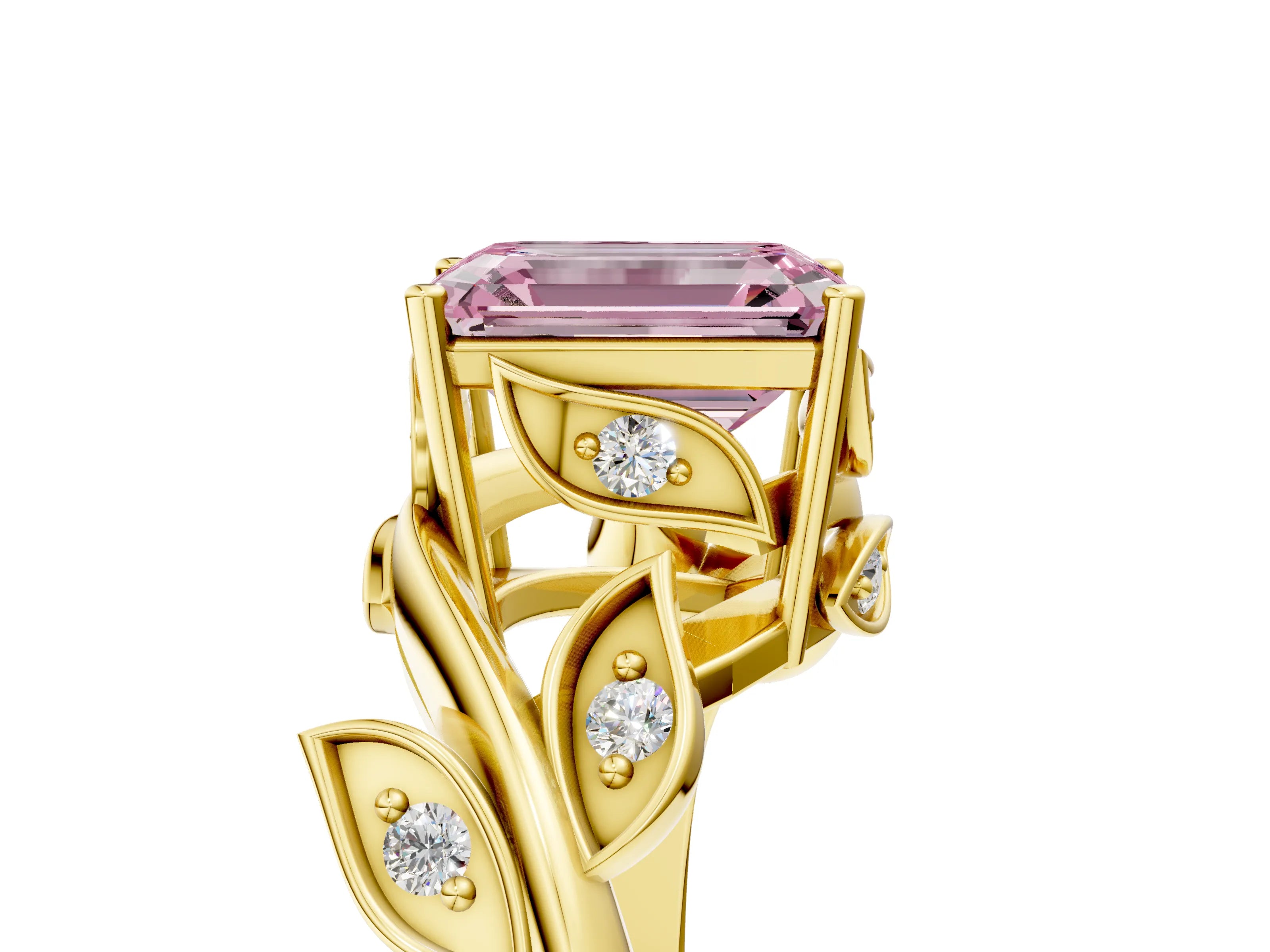 Yellow gold Fancy Pink Emerald Cut Solitaire Twist Engagement Ring with Leaf Accents and Prong Setting_18
