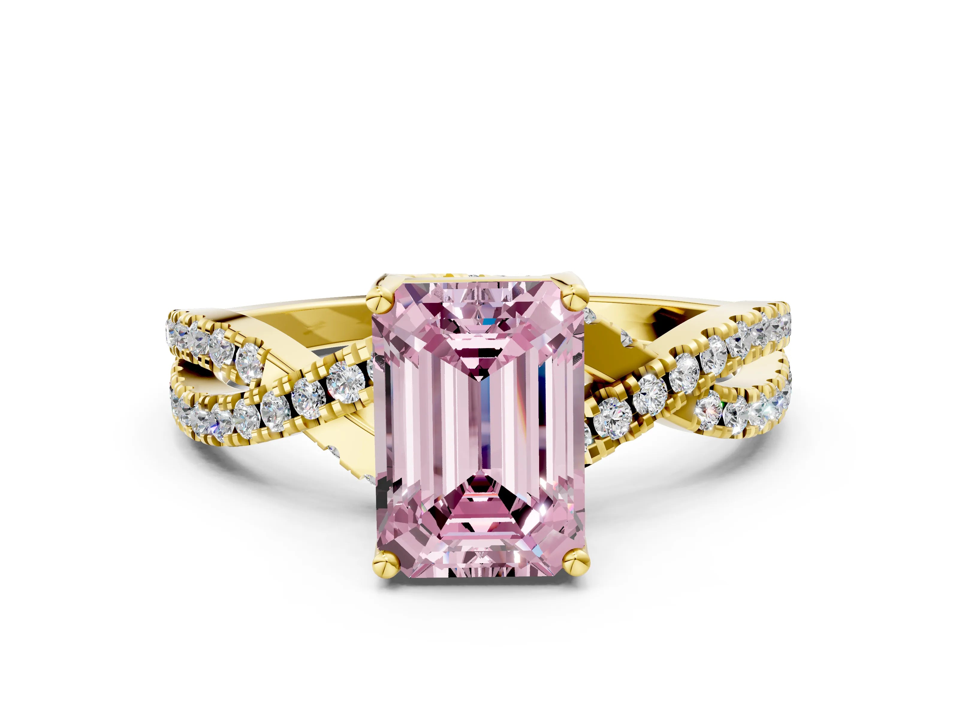 Yellow gold Fancy Pink Emerald Cut Solitaire Twist Pave Diamond Engagement Ring with Prong Setting