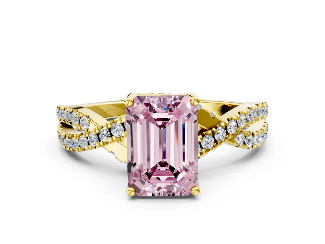 Yellow gold Fancy Pink Emerald Cut Solitaire Twist Pave Diamond Engagement Ring with Prong Setting