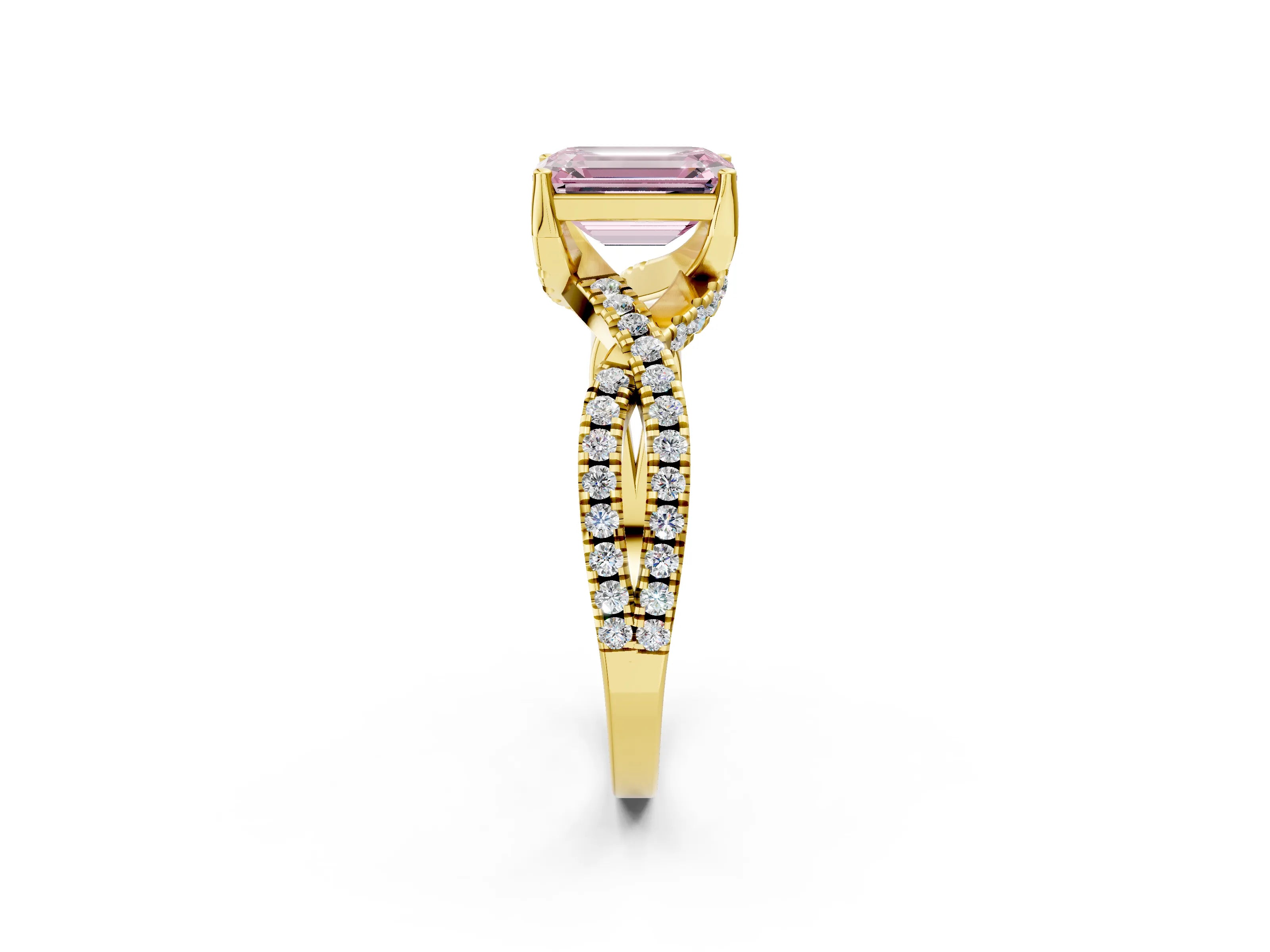 Yellow gold Fancy Pink Emerald Cut Solitaire Twist Pave Diamond Engagement Ring with Prong Setting_2