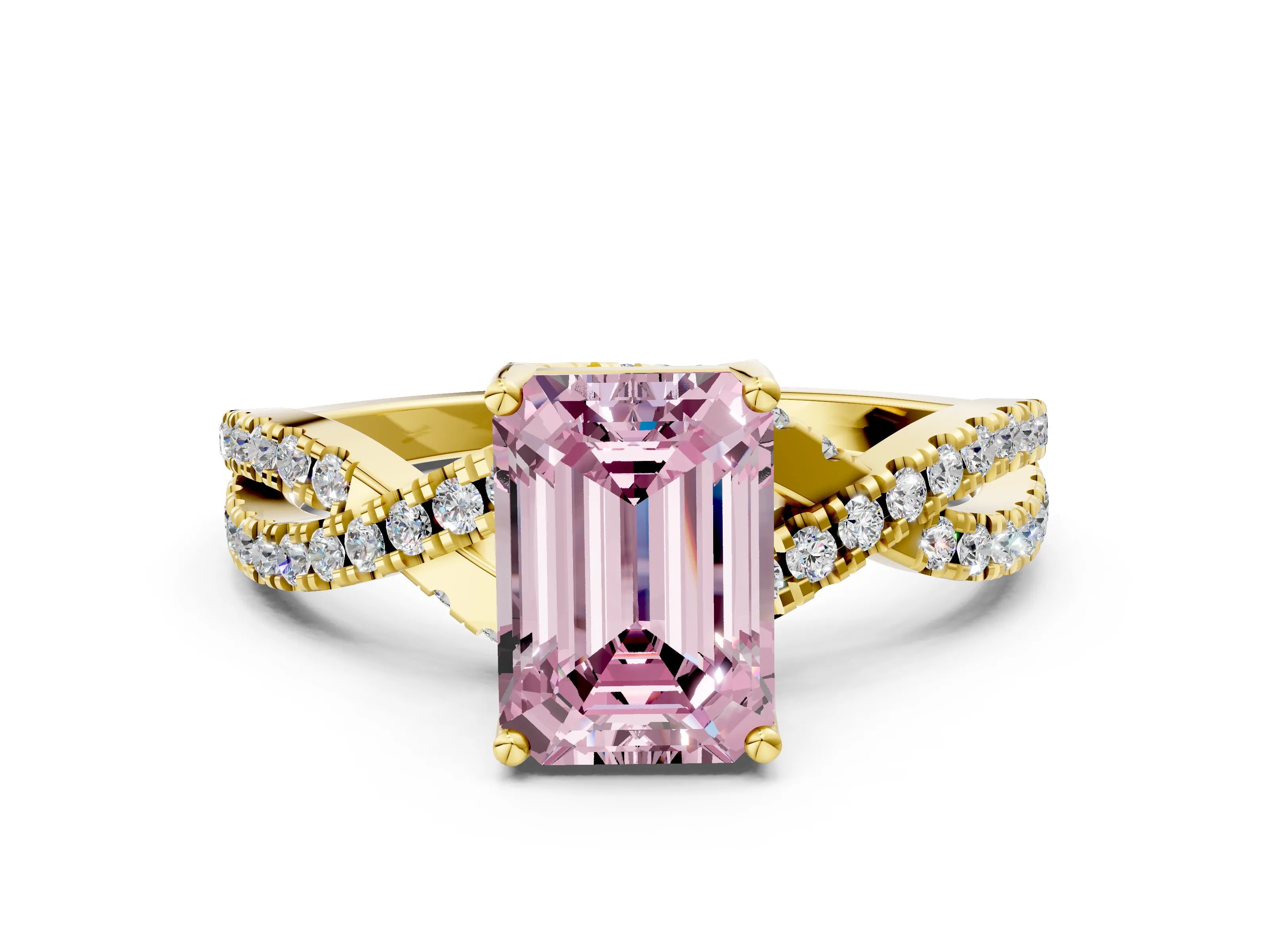 Yellow gold Fancy Pink Emerald Cut Solitaire Twist Pave Diamond Engagement Ring with Prong Setting_24