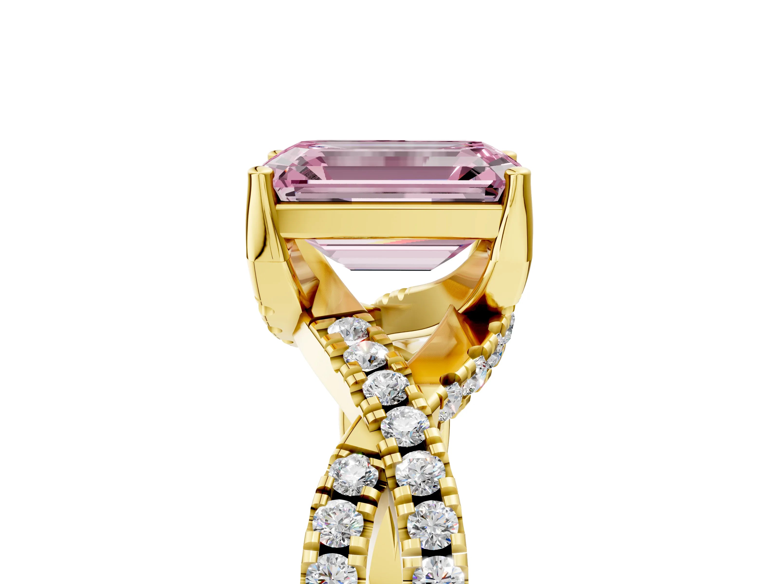 Yellow gold Fancy Pink Emerald Cut Solitaire Twist Pave Diamond Engagement Ring with Prong Setting_29