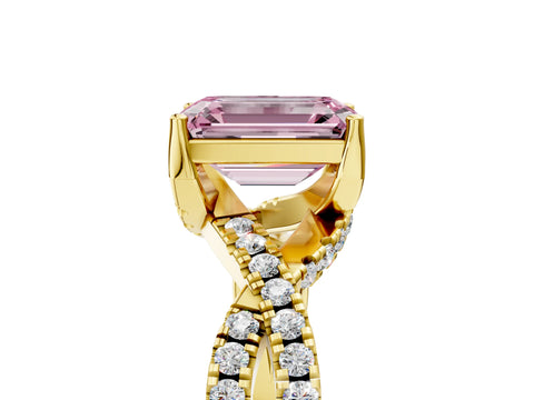 Yellow gold Fancy Pink Emerald Cut Solitaire Twist Pave Diamond Engagement Ring with Prong Setting_29