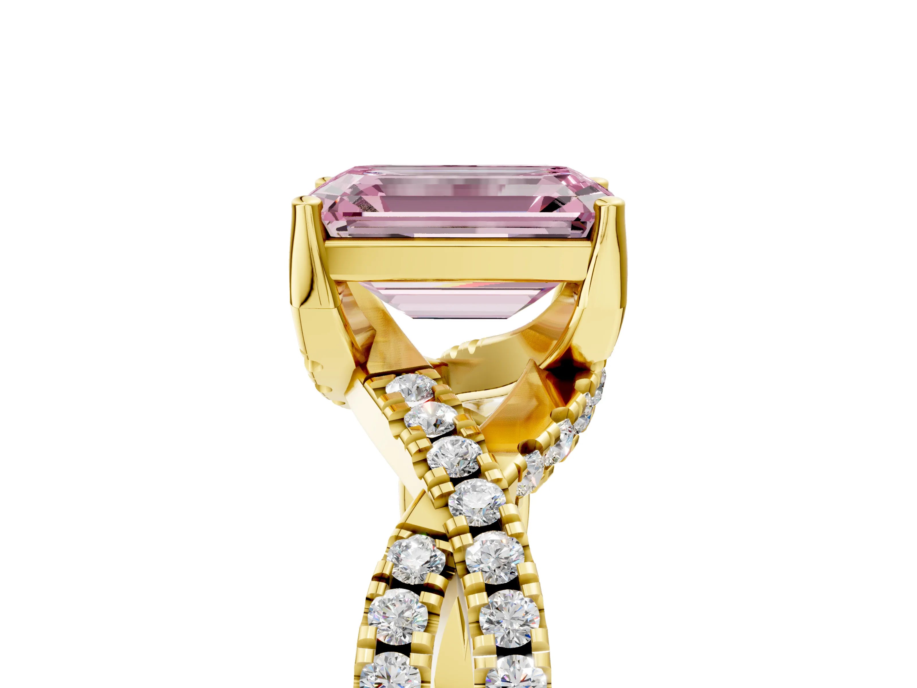 Yellow gold Fancy Pink Emerald Cut Solitaire Twist Pave Diamond Engagement Ring with Prong Setting_5