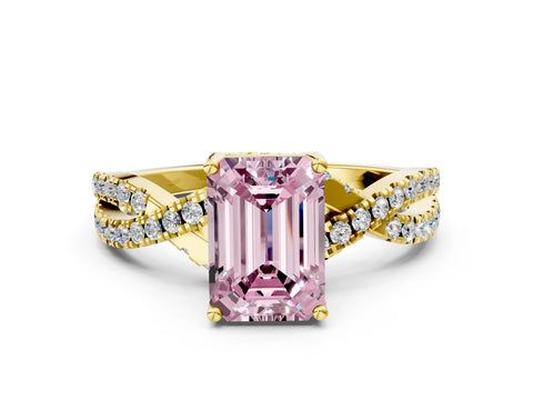 Yellow gold Fancy Pink Emerald Cut Solitaire Twist Pave Diamond Engagement Ring with Prong Setting