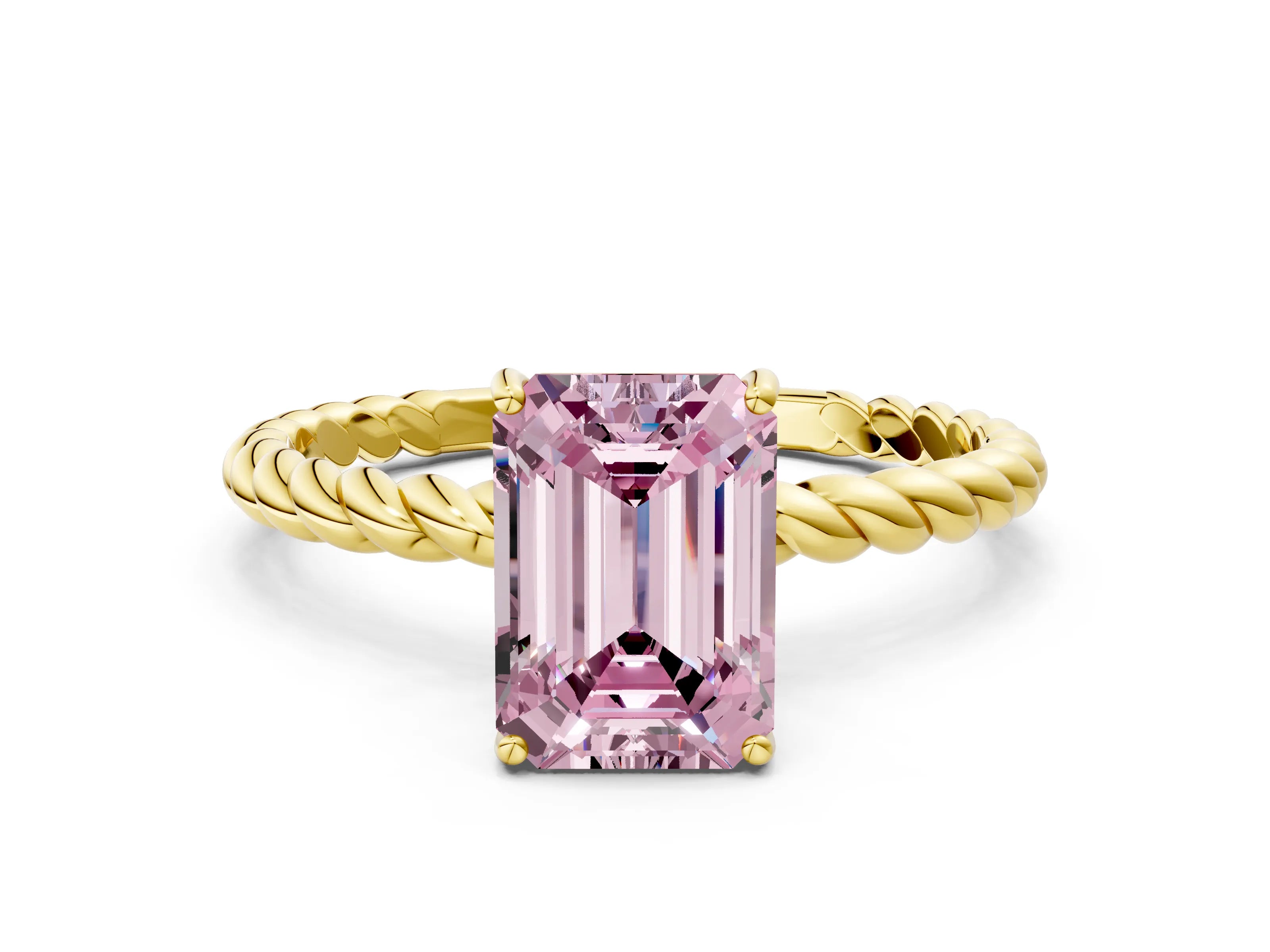 Yellow gold Fancy Pink Emerald Cut Solitaire Twisted Band 4-Prong Ring