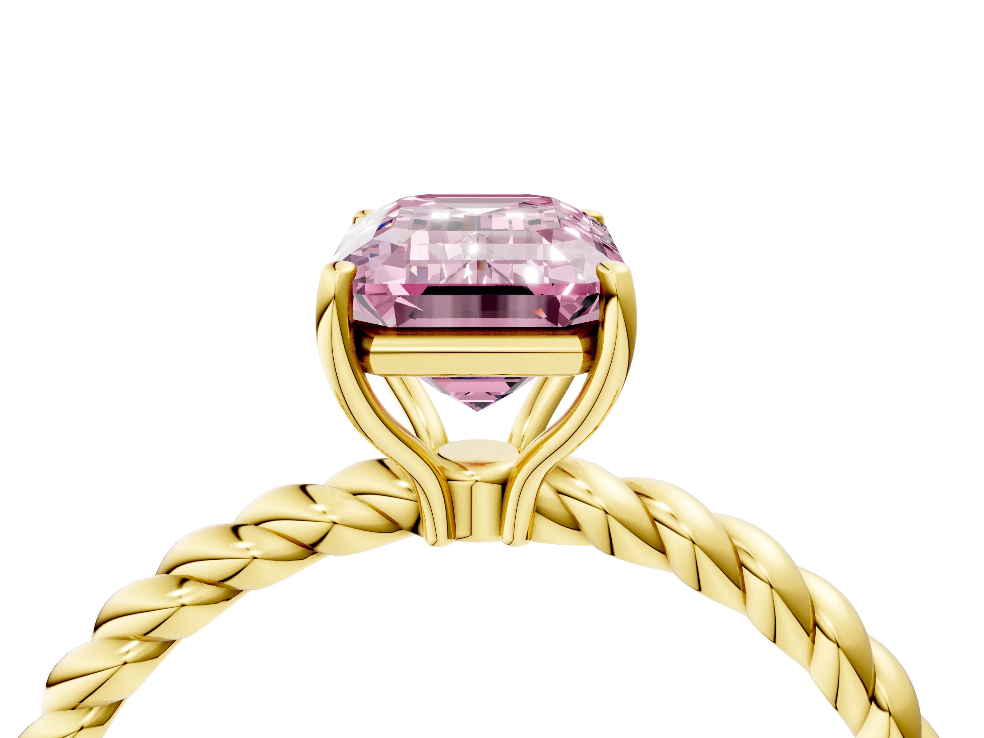 Yellow gold Fancy Pink Emerald Cut Solitaire Twisted Band 4-Prong Ring_4