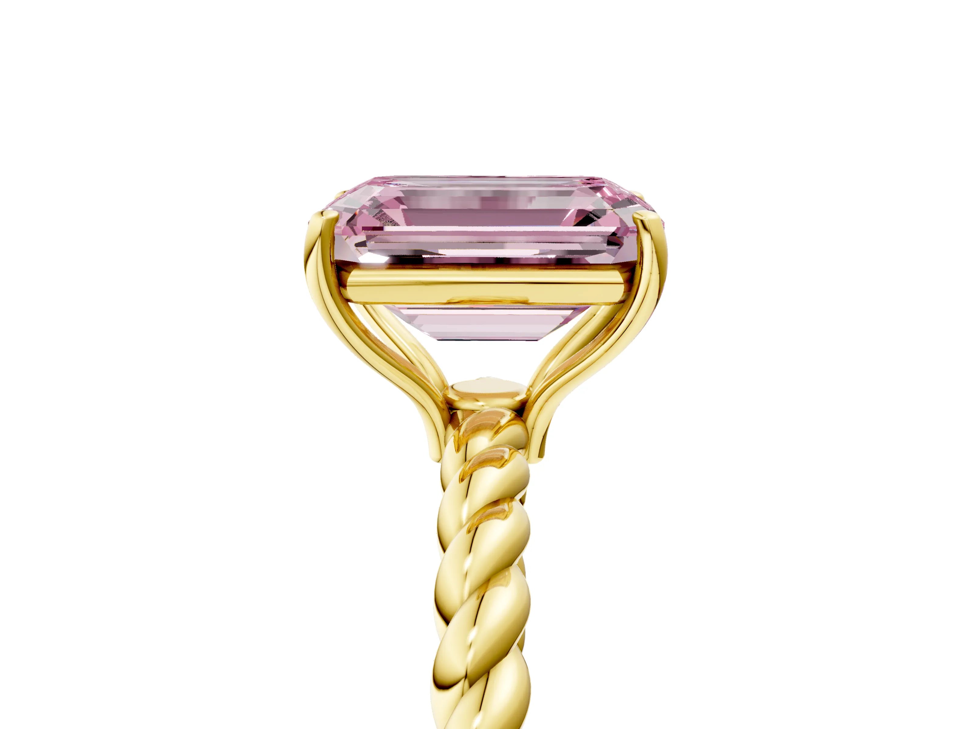 Yellow gold Fancy Pink Emerald Cut Solitaire Twisted Band 4-Prong Ring_5