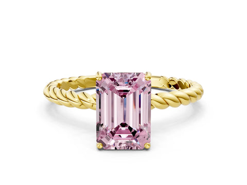 Yellow gold Fancy Pink Emerald Cut Solitaire Twisted Band 4-Prong Ring