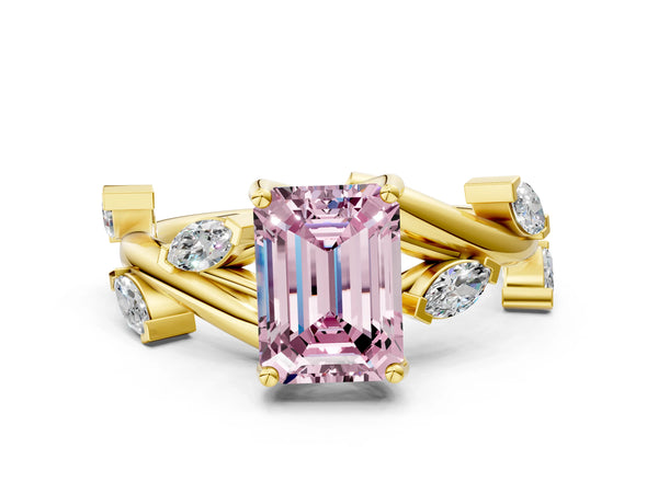 Yellow gold Fancy Pink Emerald Cut Solitaire Twisted Band Marquise Accent Prong Setting Ring