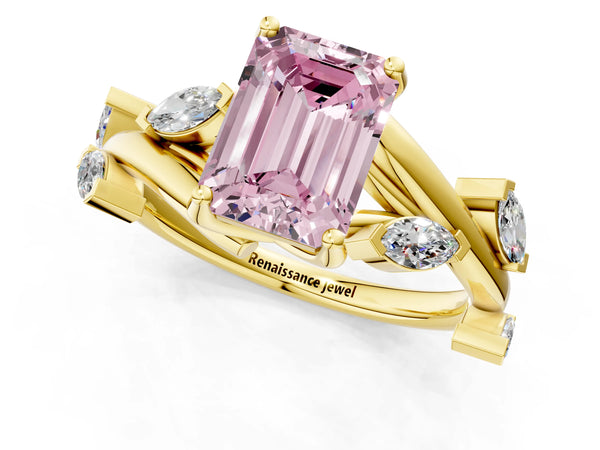 Yellow gold Fancy Pink Emerald Cut Solitaire Twisted Band Marquise Accent Prong Setting Ring