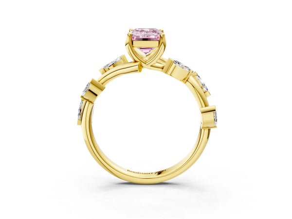 Yellow gold Fancy Pink Emerald Cut Solitaire Twisted Band Marquise Accent Prong Setting Ring