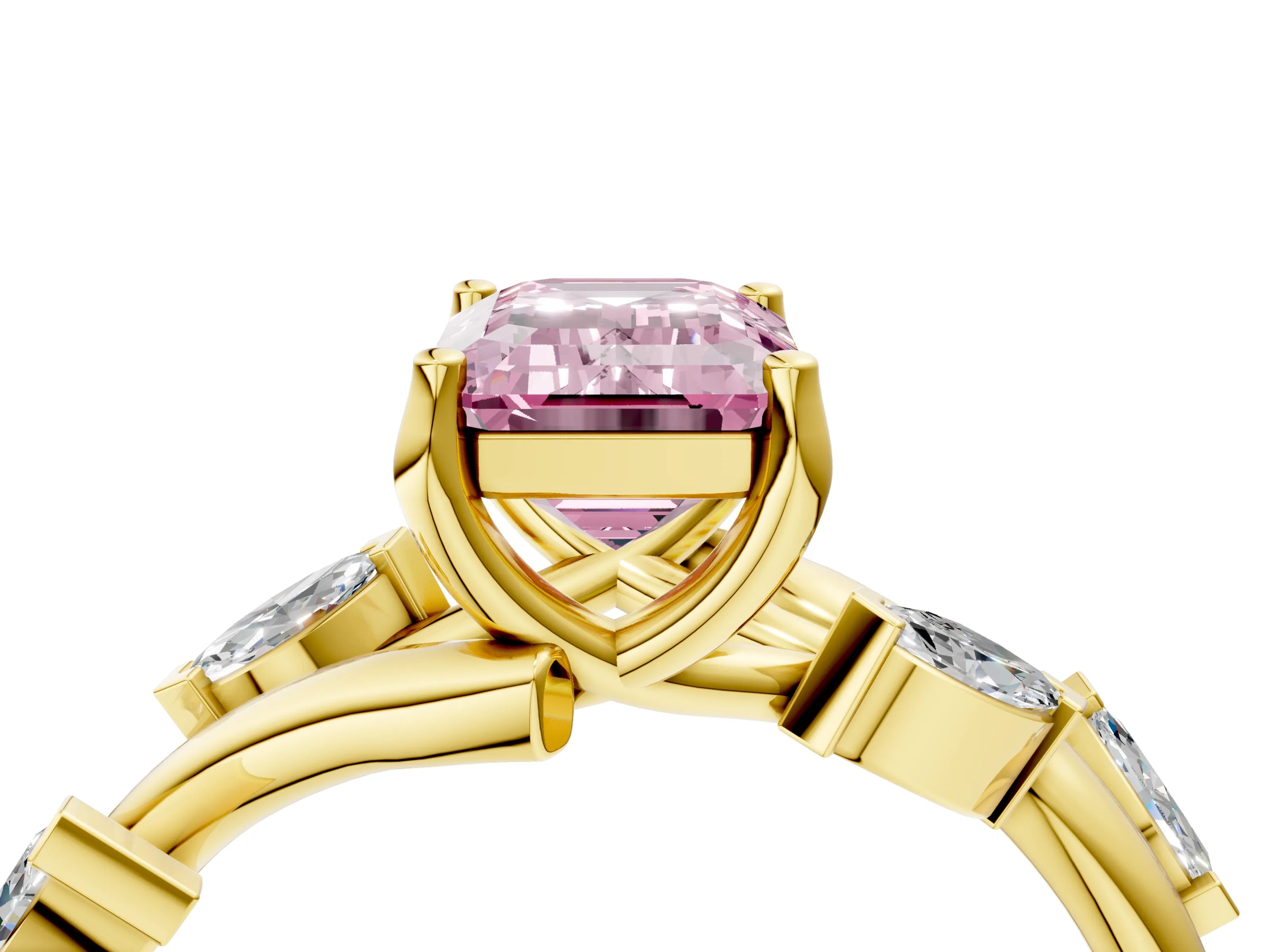 Yellow gold Fancy Pink Emerald Cut Solitaire Twisted Band Marquise Accent Prong Setting Ring_4