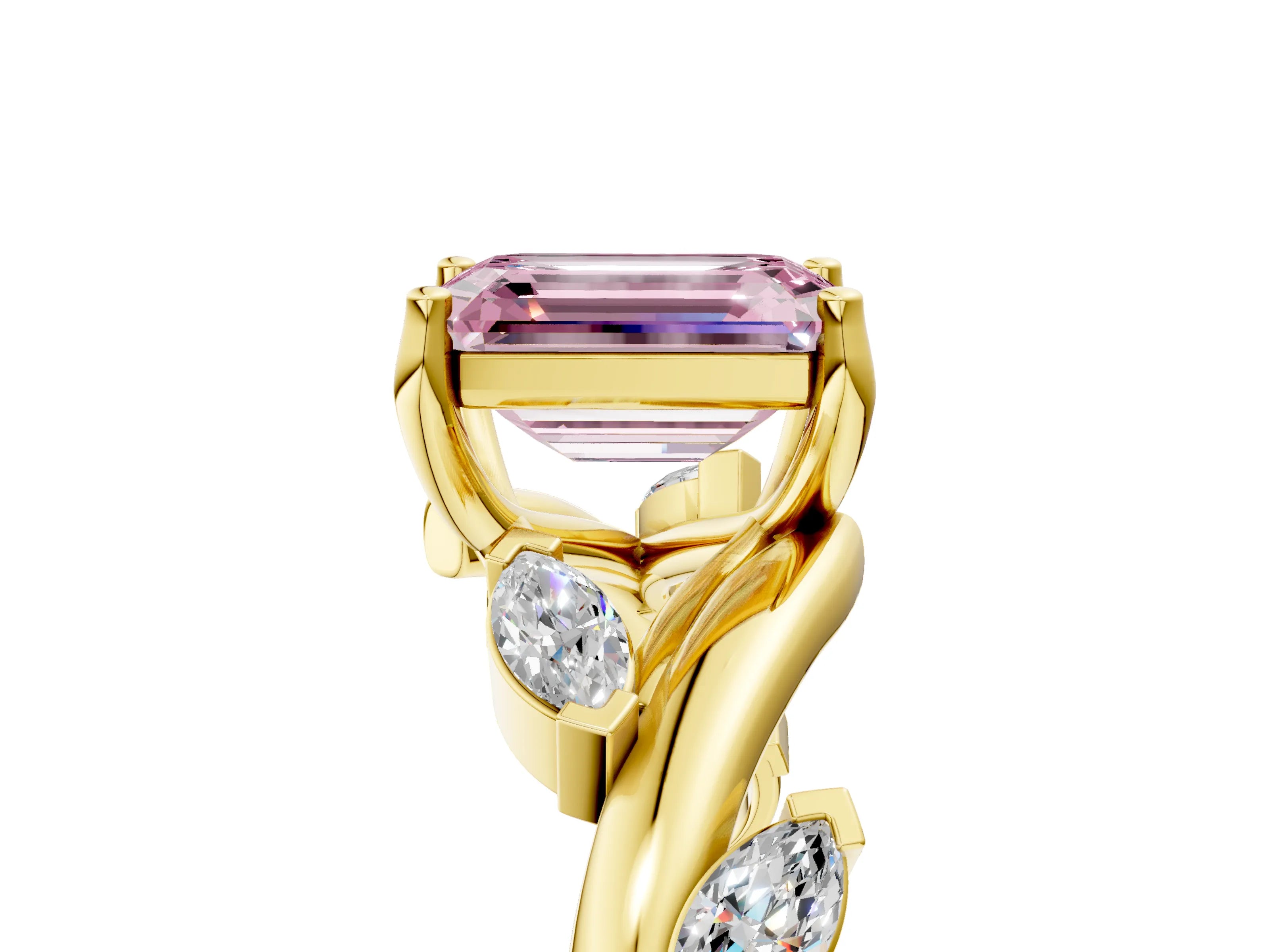 Yellow gold Fancy Pink Emerald Cut Solitaire Twisted Band Marquise Accent Prong Setting Ring_5