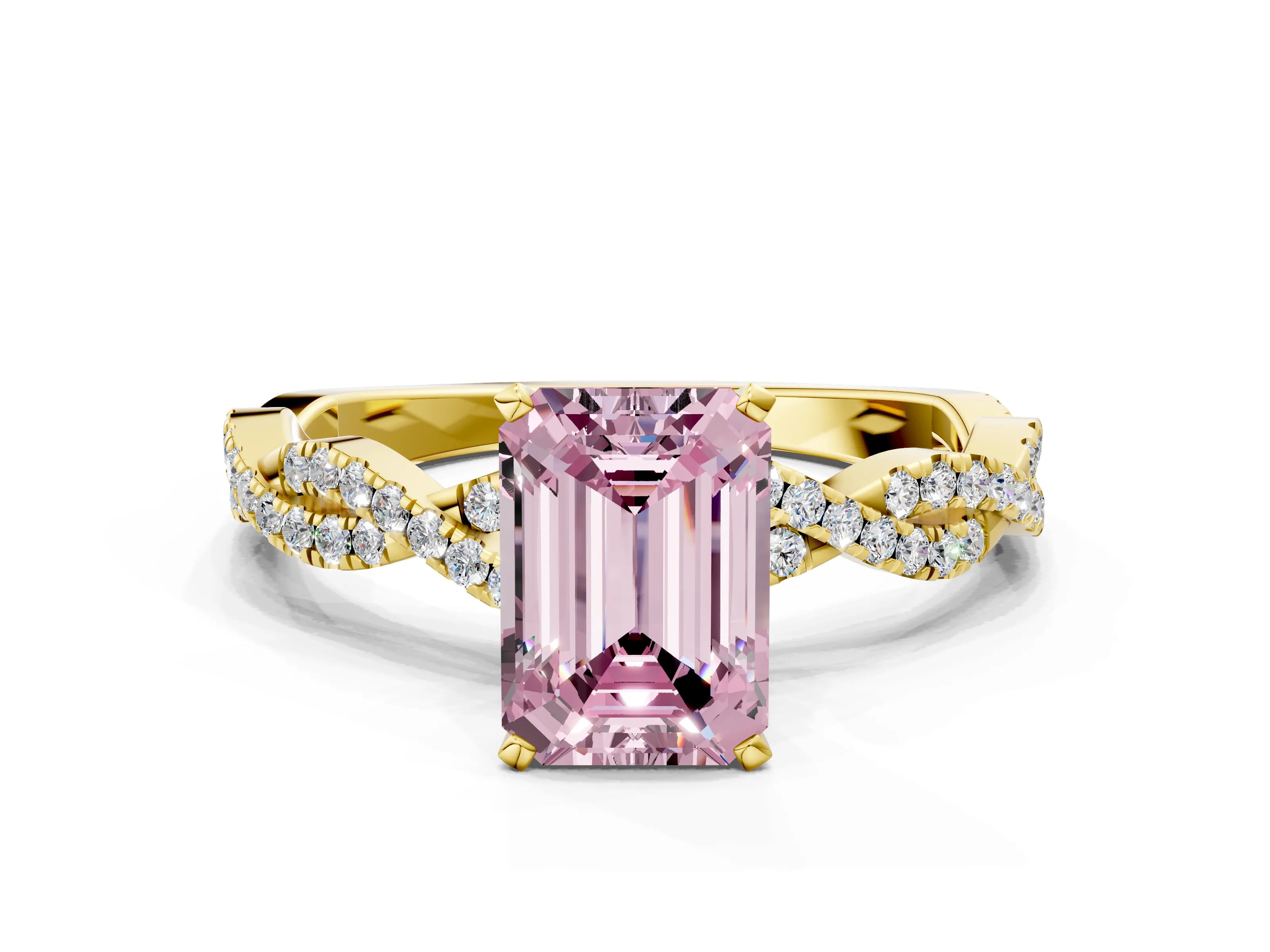 Yellow gold Fancy Pink Emerald Cut Solitaire Twisted Pave Band with Four-Prong Setting_15