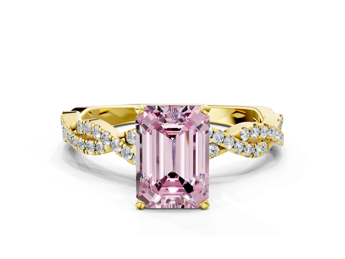 Yellow gold Fancy Pink Emerald Cut Solitaire Twisted Pave Band with Four-Prong Setting_15