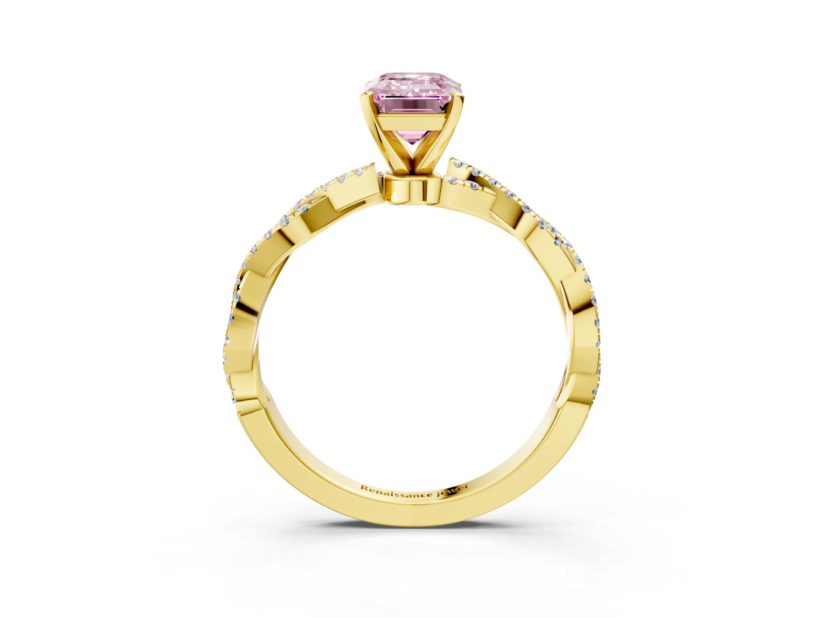 Yellow gold Fancy Pink Emerald Cut Solitaire Twisted Pave Band with Four-Prong Setting_18
