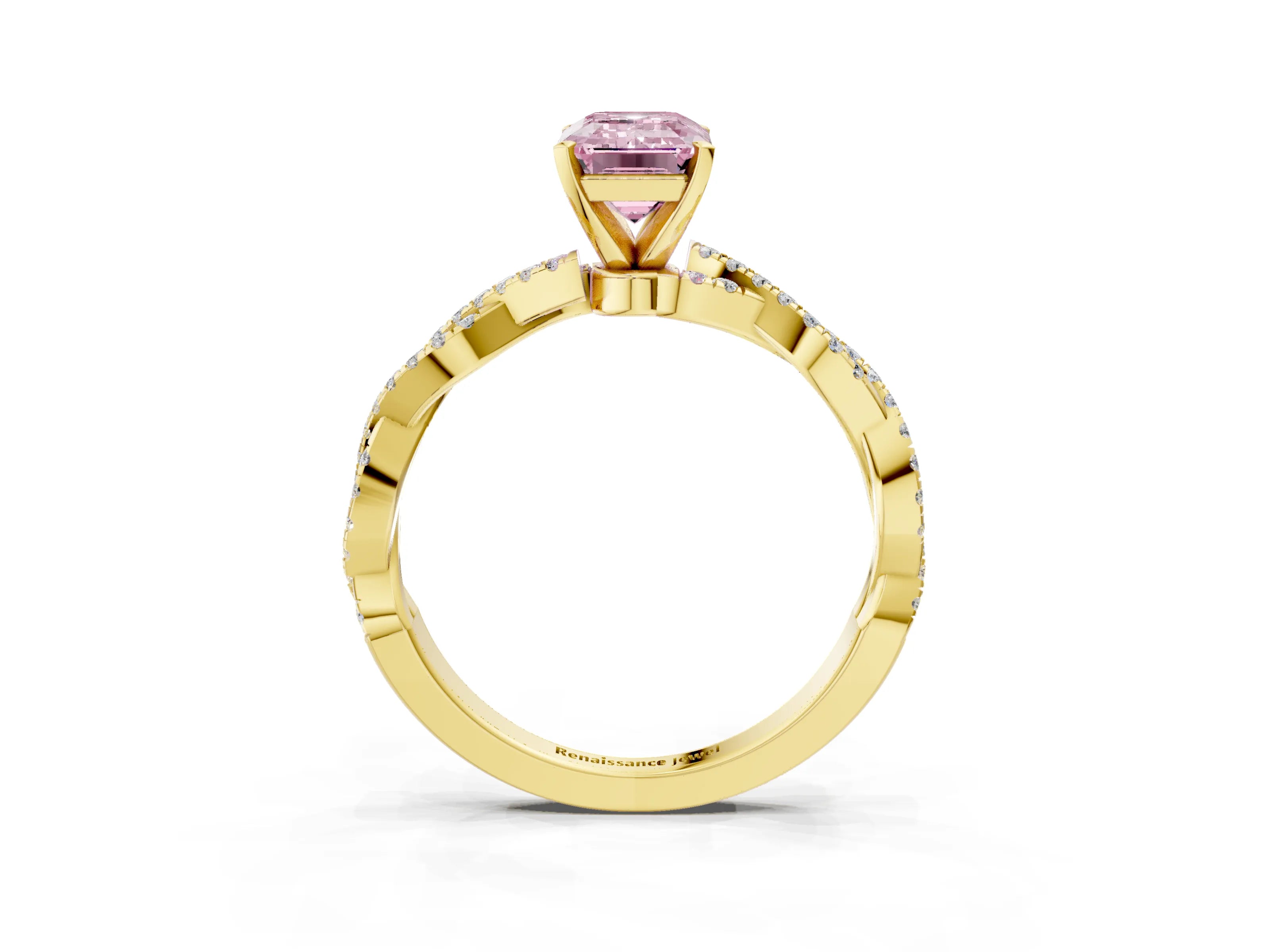 Yellow gold Fancy Pink Emerald Cut Solitaire Twisted Pave Band with Four-Prong Setting_6