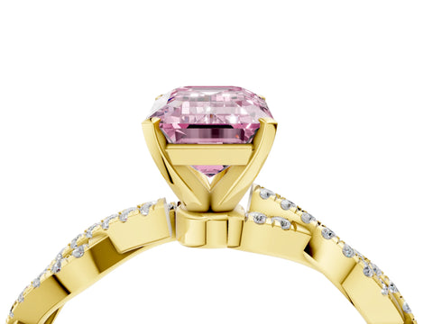 Yellow gold Fancy Pink Emerald Cut Solitaire Twisted Pave Band with Four-Prong Setting_7