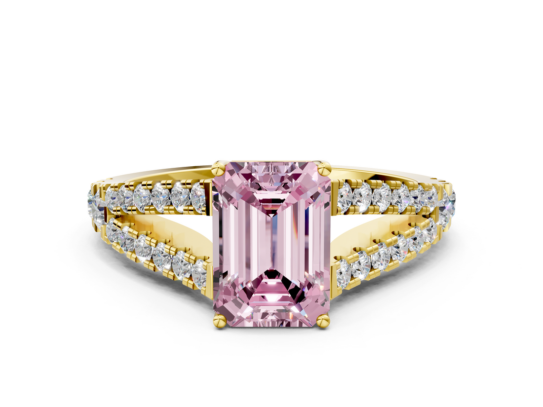 Yellow gold Fancy Pink Emerald  Cut Split Shank Pave Diamond Engagement Ring with Four-Prong Setting_24