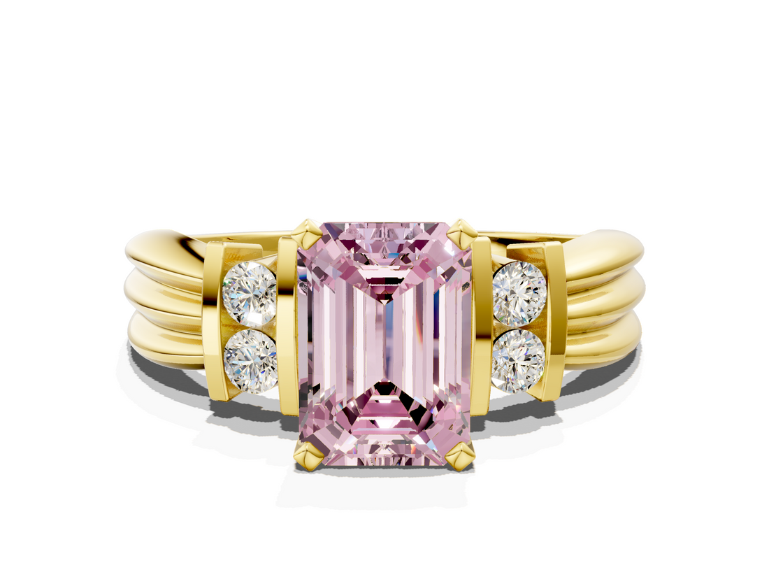 Yellow gold Fancy Pink Emerald  Cut Three-Stone Channel Set Ring with Bar Prongs_64
