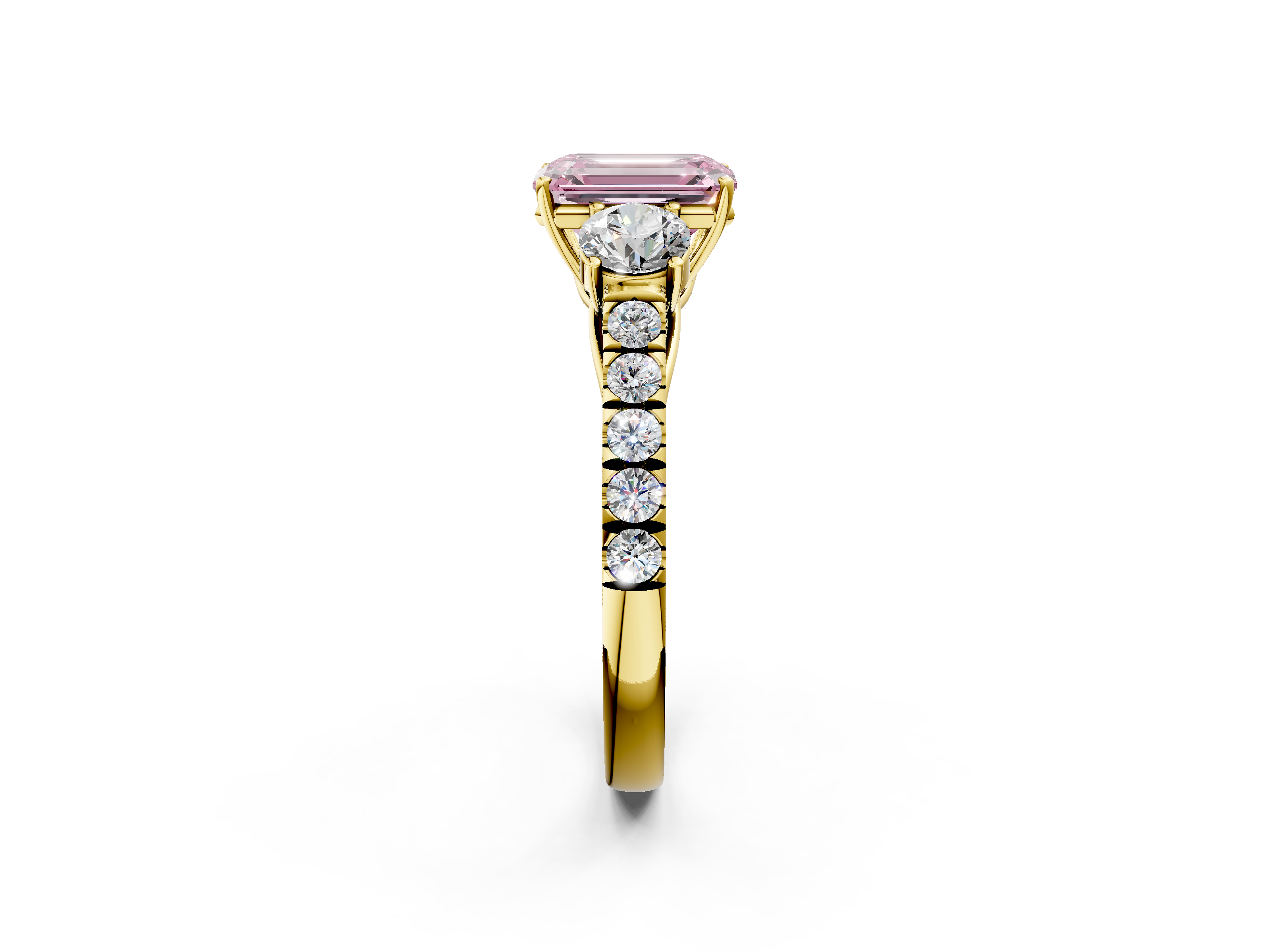 Yellow gold Fancy Pink Emerald  Cut Three-Stone Diamond Pave Band with Prong Setting_22