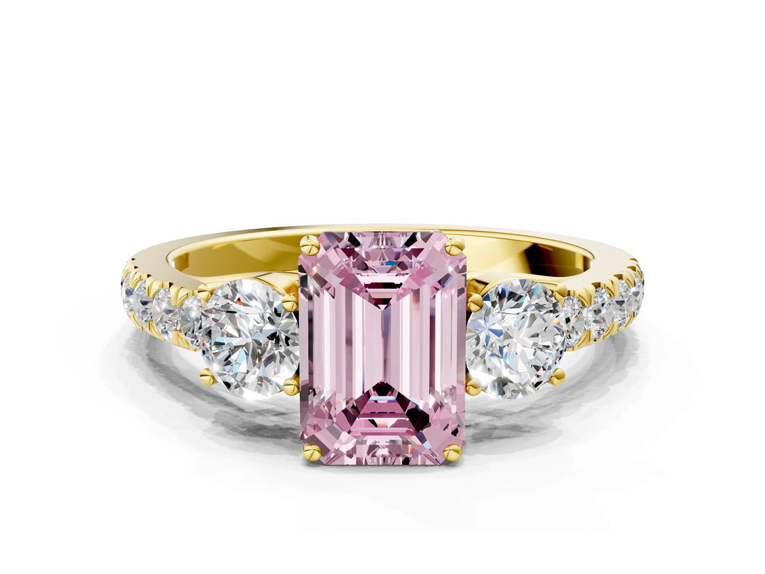 Yellow gold Fancy Pink Emerald  Cut Three-Stone Diamond Pave Band with Prong Setting_36