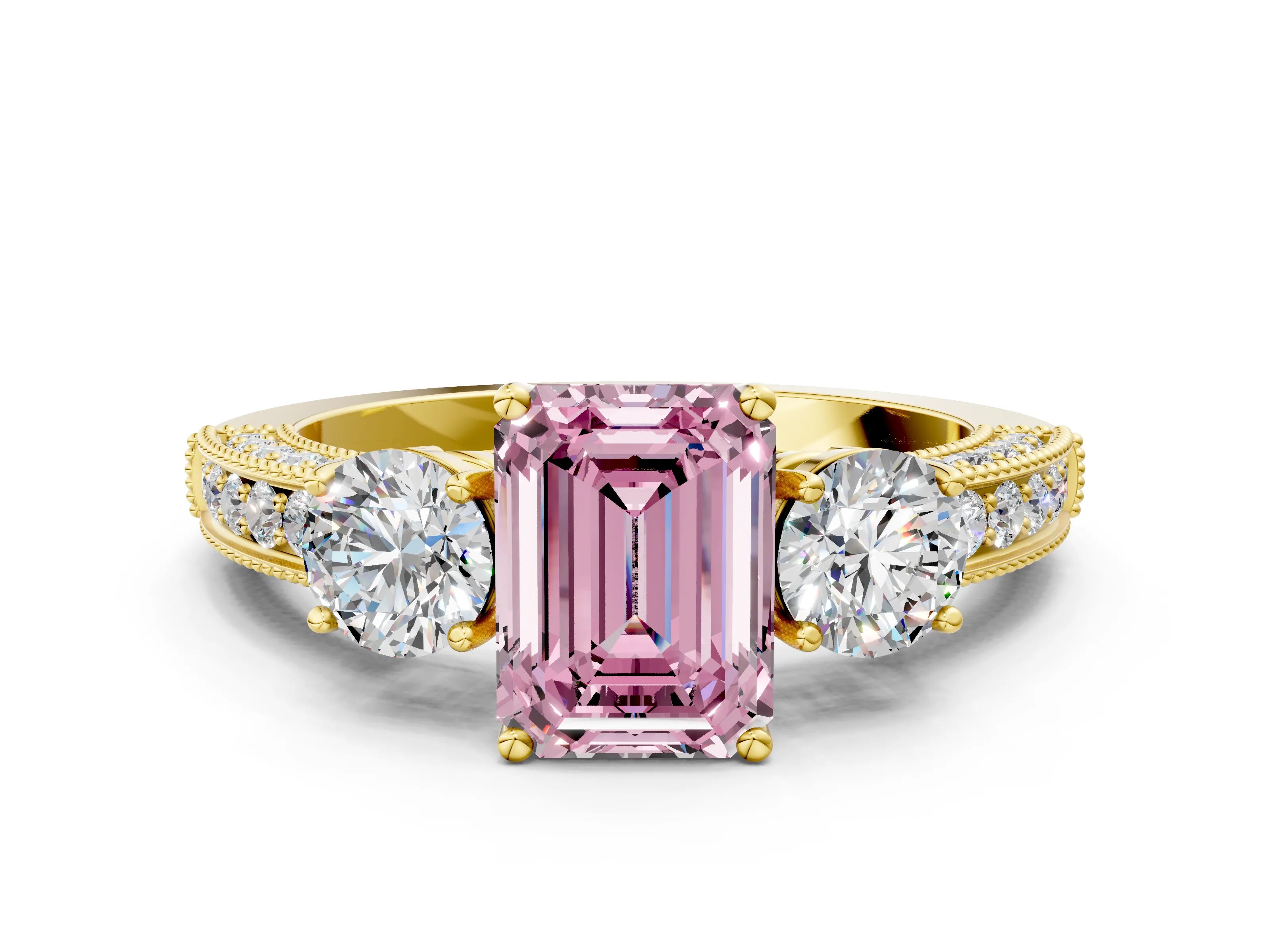 Yellow gold Fancy Pink Emerald Cut Three-Stone Diamond Ring with Pavé Band and Four-Prong Setting