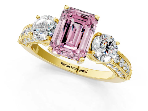 Yellow gold Fancy Pink Emerald Cut Three-Stone Diamond Ring with Pavé Band and Four-Prong Setting_1