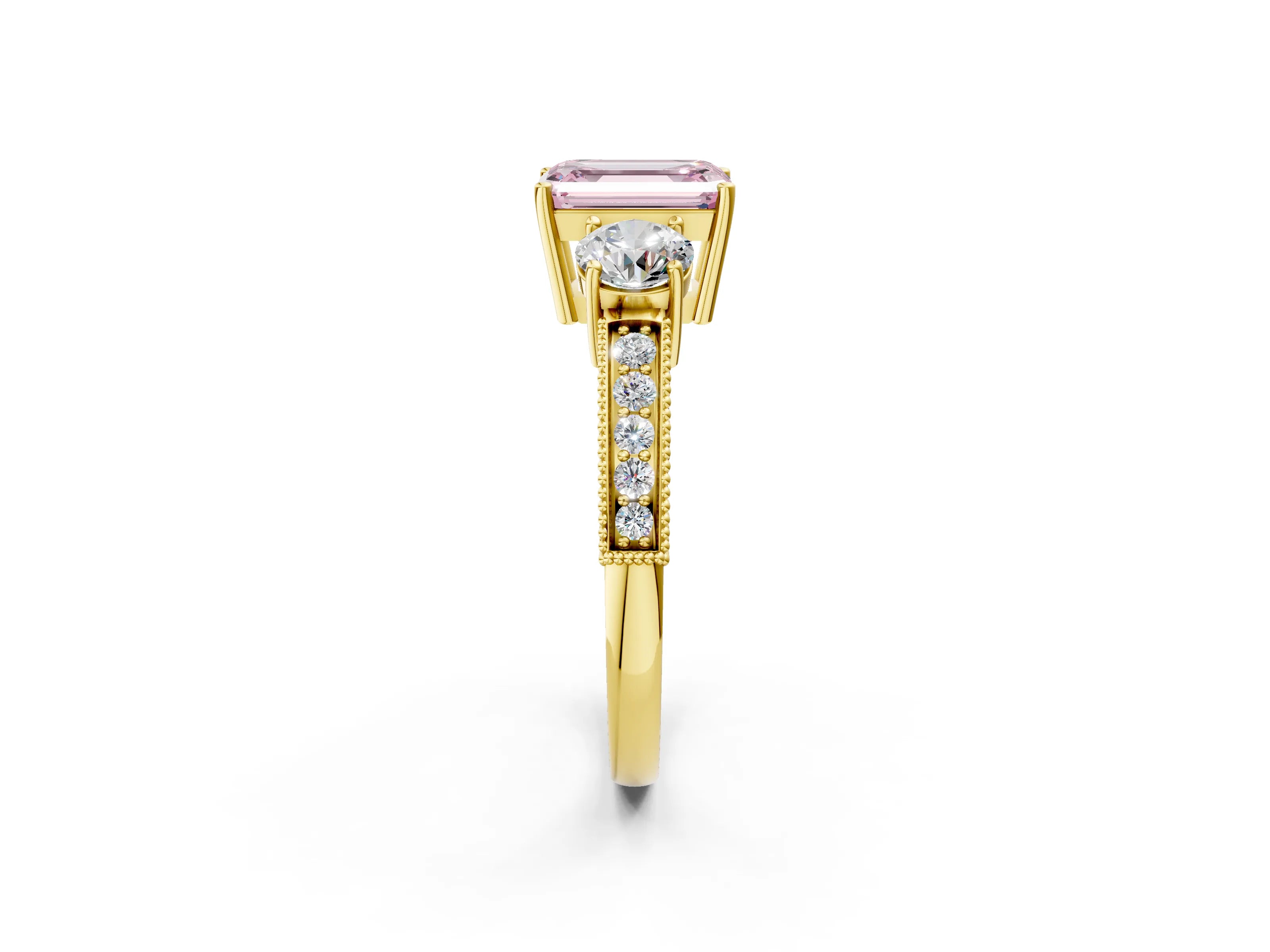 Yellow gold Fancy Pink Emerald Cut Three-Stone Diamond Ring with Pavé Band and Four-Prong Setting_2