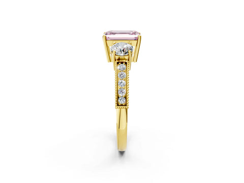 Yellow gold Fancy Pink Emerald Cut Three-Stone Diamond Ring with Pavé Band and Four-Prong Setting_2