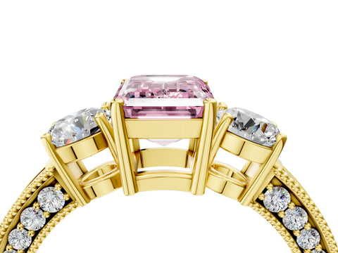 Yellow gold Fancy Pink Emerald Cut Three-Stone Diamond Ring with Pavé Band and Four-Prong Setting_4