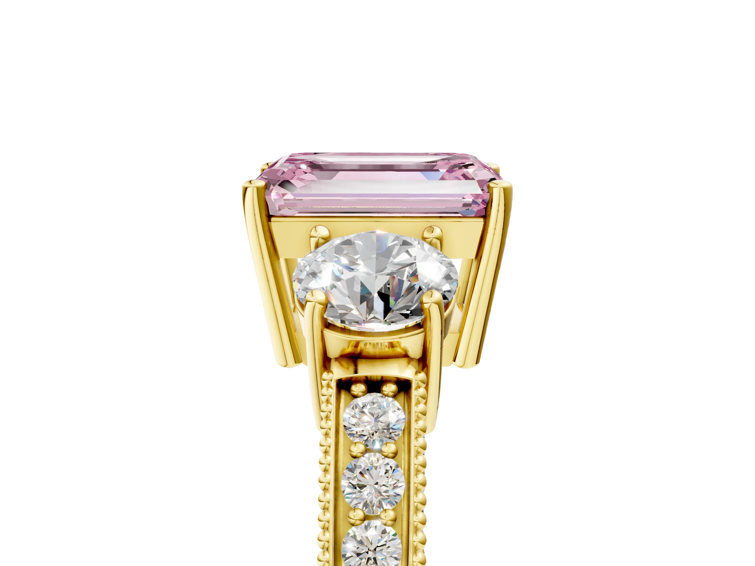 Yellow gold Fancy Pink Emerald Cut Three-Stone Diamond Ring with Pavé Band and Four-Prong Setting_5