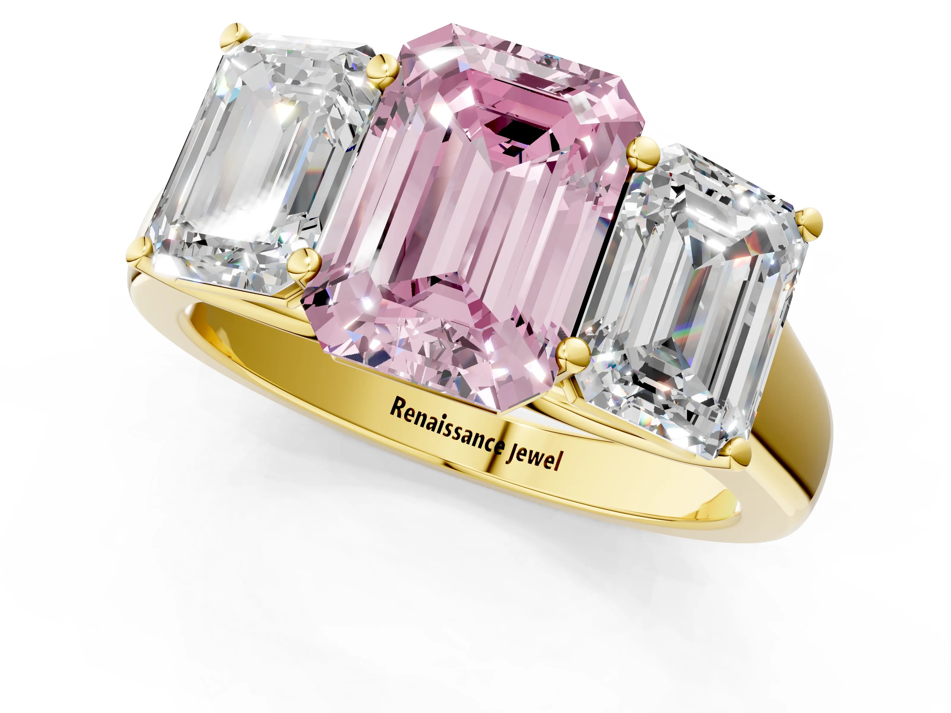 Yellow gold Fancy Pink Emerald Cut Three-Stone Diamond Ring with Prong Setting on a Classic Band_1