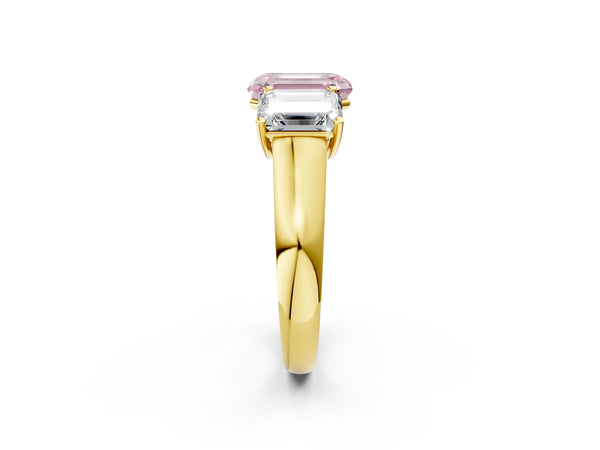 Yellow gold Fancy Pink Emerald Cut Three-Stone Diamond Ring with Prong Setting on a Classic Band